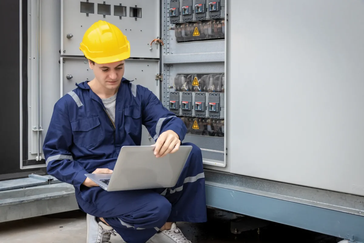 Tecnico che verifica i requisiti elettrici di un impianto industriale prima della scelta di un inverter ibrido.