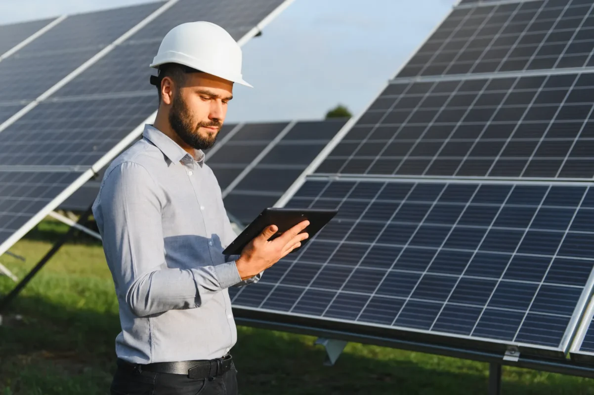 Tecnico con casco bianco consulta tablet per monitoraggio remoto parco fotovoltaico.
