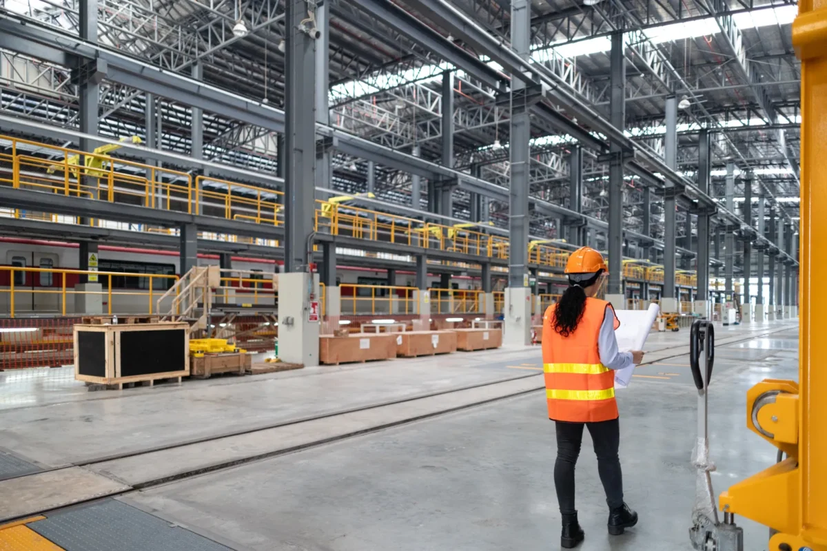 Ingegnere controlla capannone industriale, sito ideale per sistemi accumulo energia C&I.