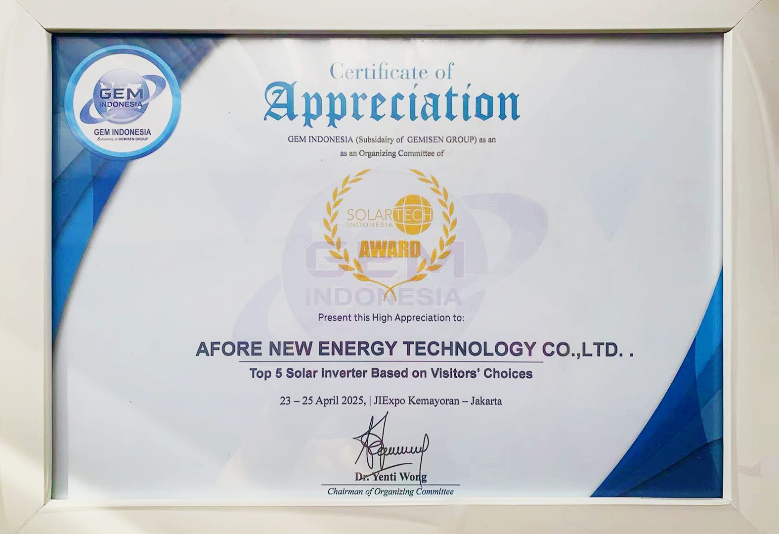 Afore Wins "Top 5 Solar Inverters" Award at SOLARTECH INDONESIA 2025!
