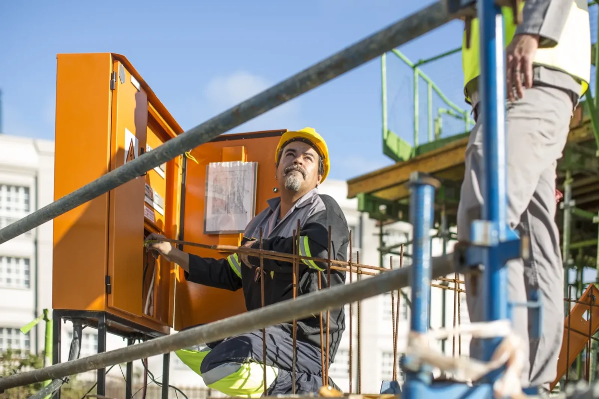 A worker inspects an IP66 rated outdoor inverter at a construction site.