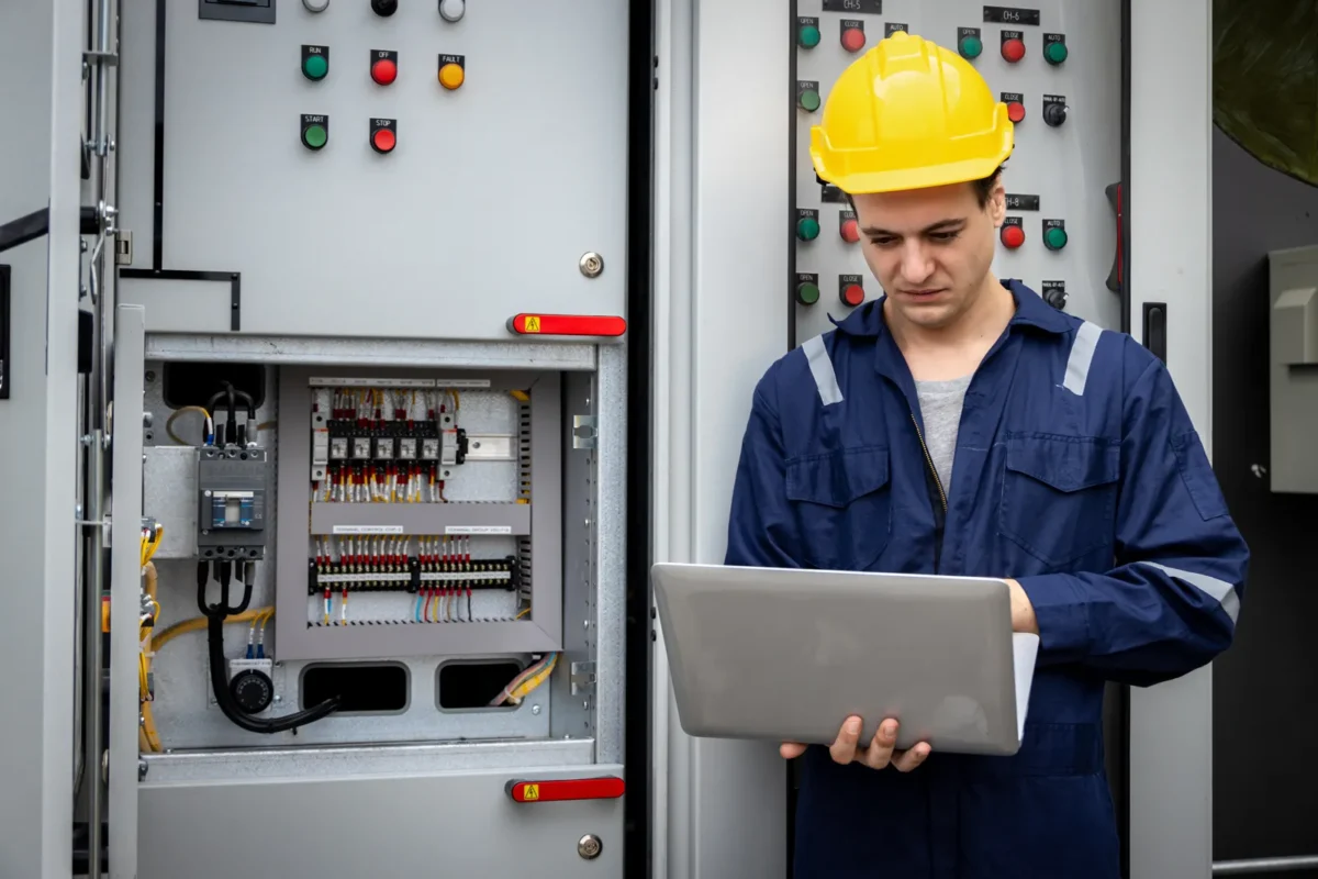 An engineer uses a laptop to test a hybrid inverter from wholesale inventory.