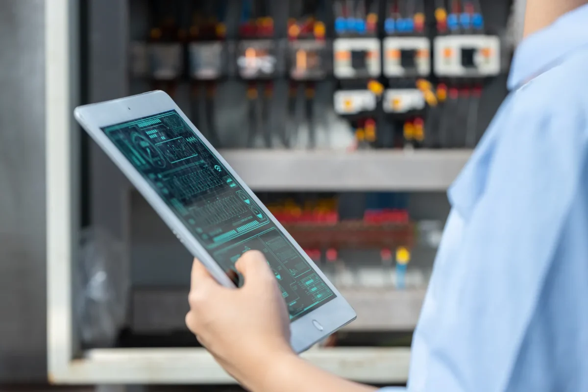A technician monitors an all-in-one energy storage system using a tablet interface.