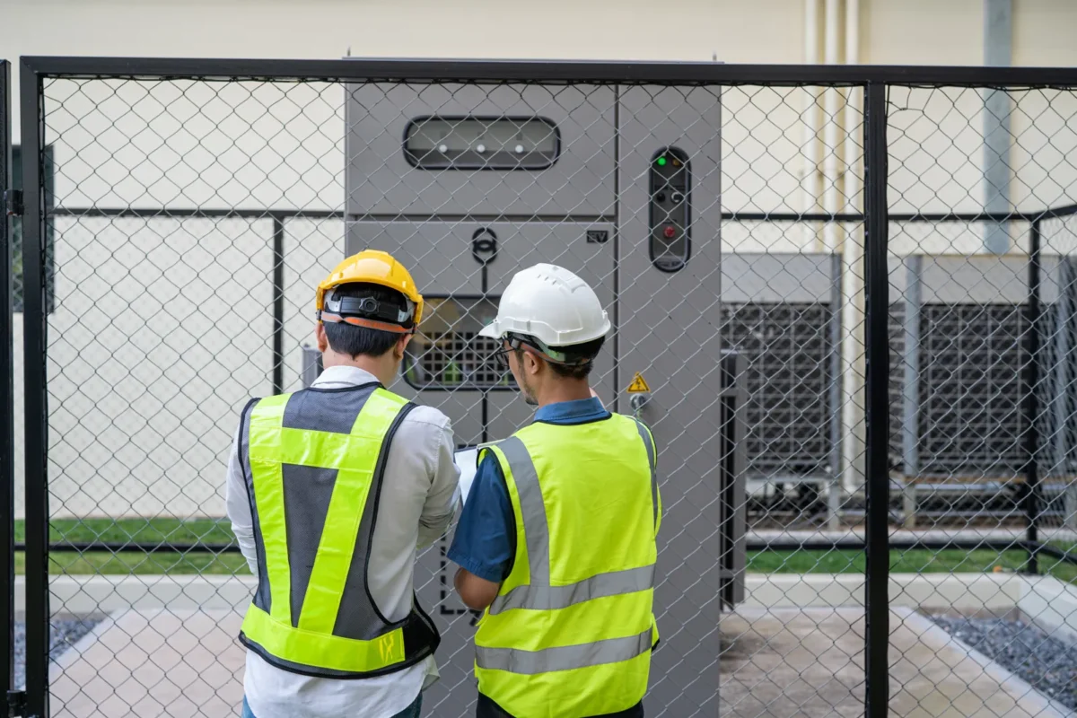 Two engineers inspect an all-in-one energy storage system at a B2B site.