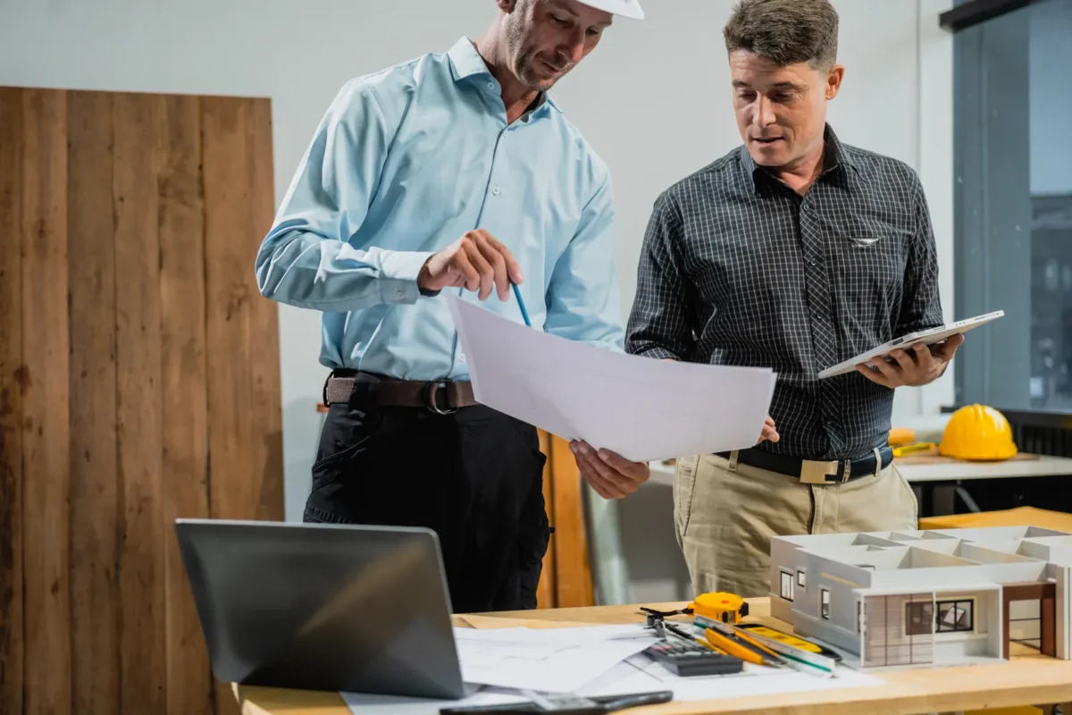 Designers reviewing solar system blueprints, essential planning for becoming a solar inverter distributor.