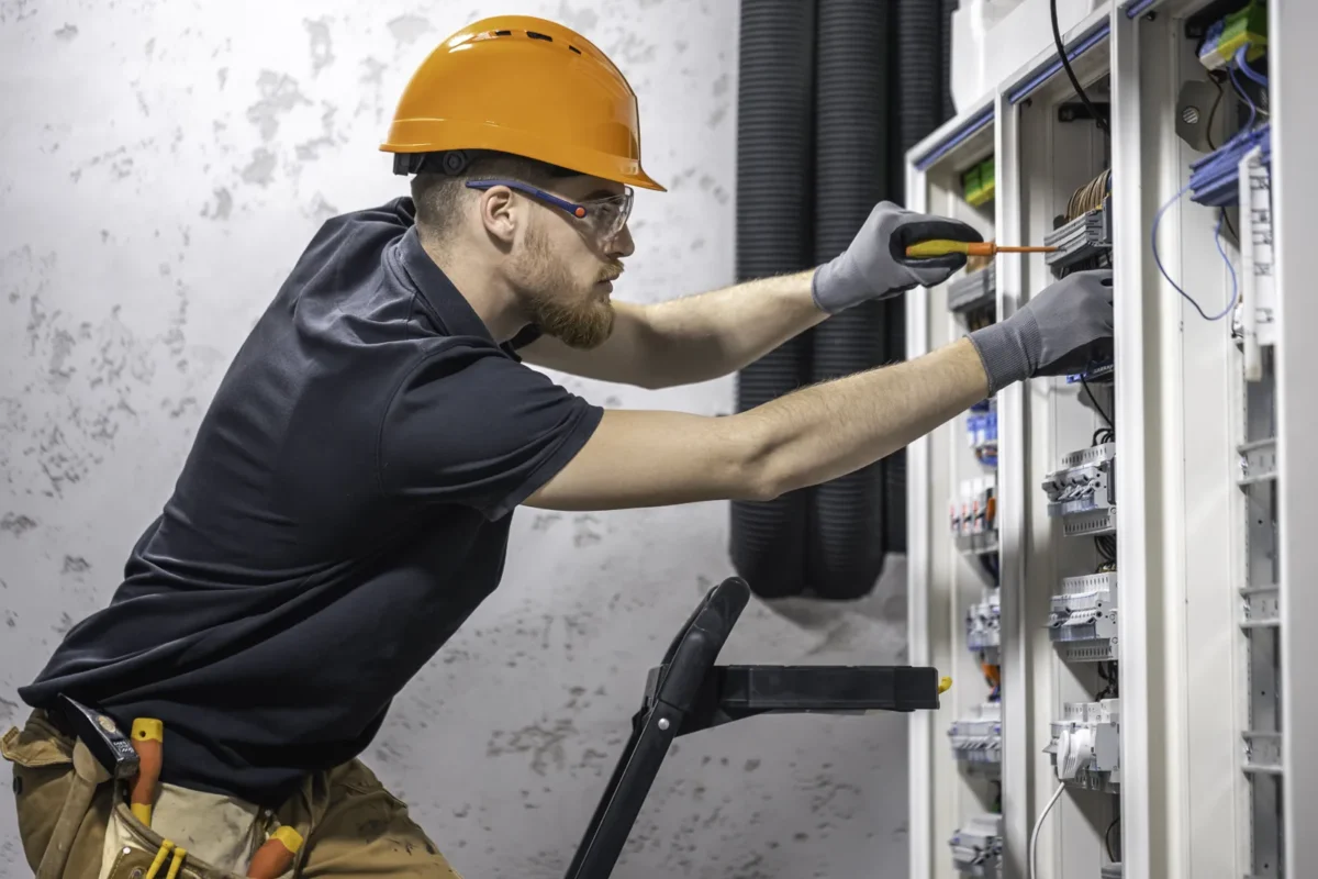 Electrician working on electrical panels, ensuring safe installation of solar inverter systems.