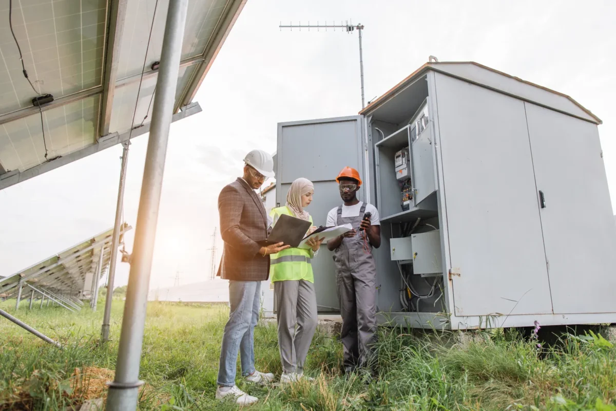 A team reviews emergency solar backup plans at a commercial solar site.