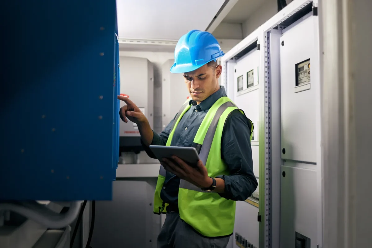 A technician monitors an emergency solar backup system for business use.