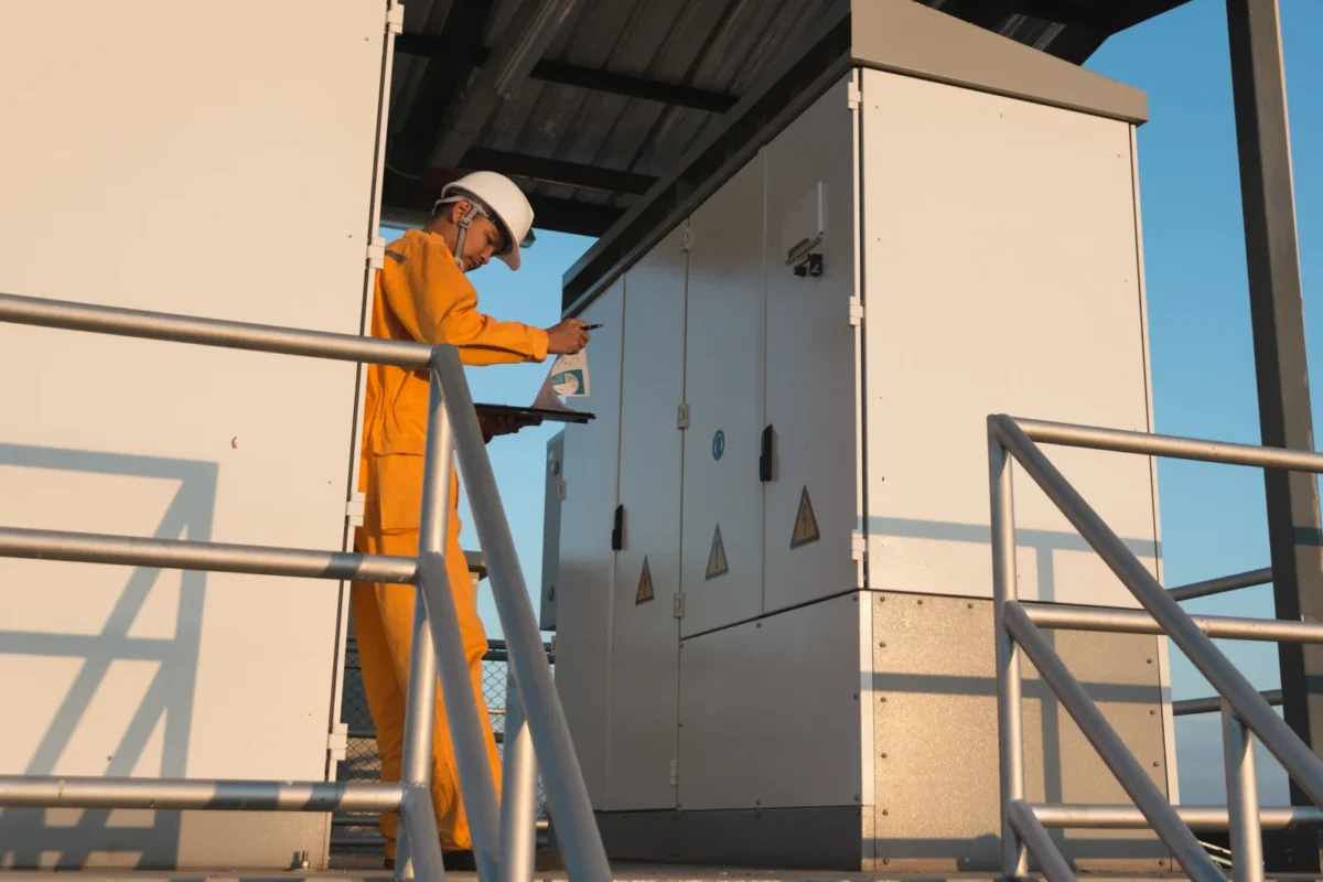 An engineer inspects an emergency solar backup unit at a business facility.