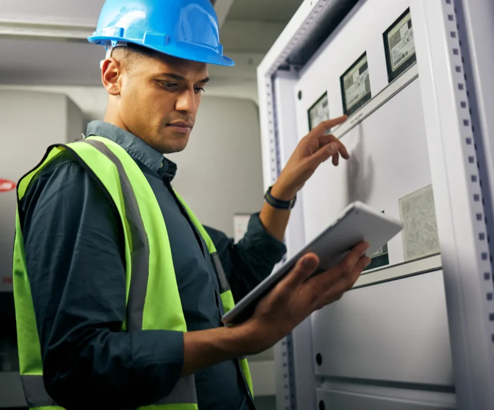 Technician inspecting electrical panels, monitoring high voltage hybrid inverter system performance.