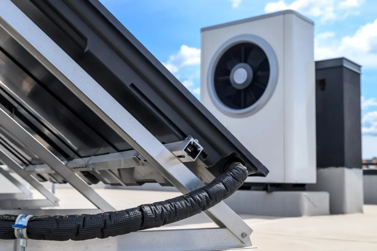 Close-up of rooftop solar panel near HVAC unit, showing partial shading risks