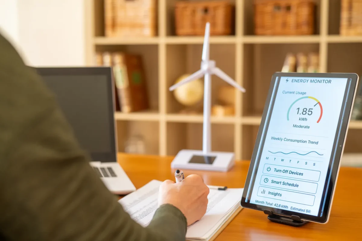 Energy monitoring tablet showing commercial solar performance and load data