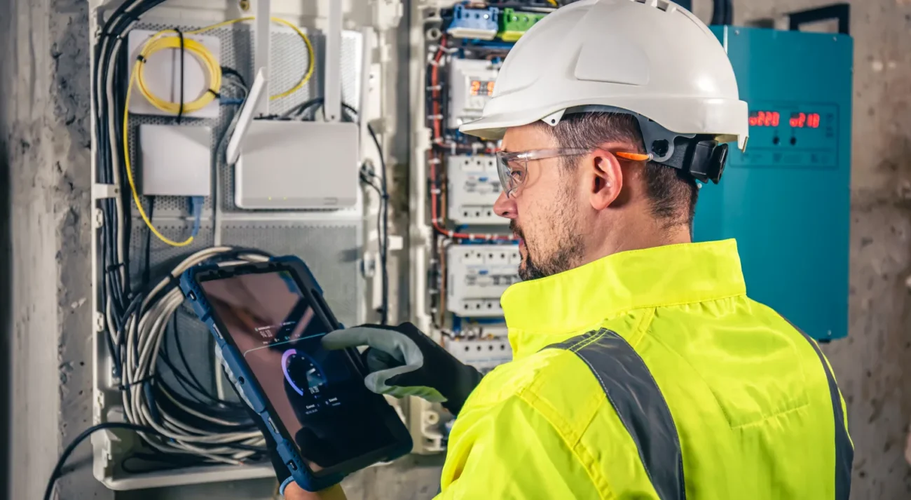 Engineer monitoring multi-MPPT hybrid inverter performance using a tablet in an electrical room.