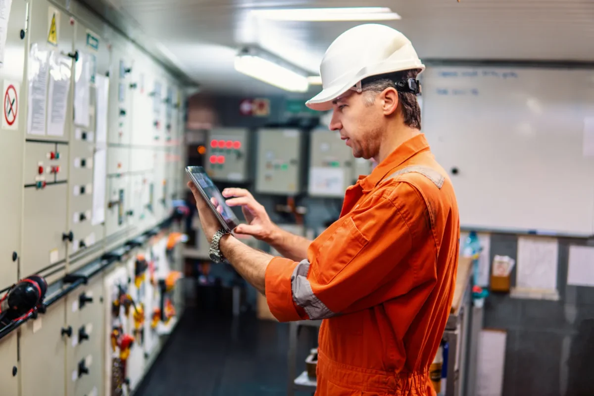 Technician using a tablet to monitor and compare tier 1 solar inverter performance in an electrical control room.