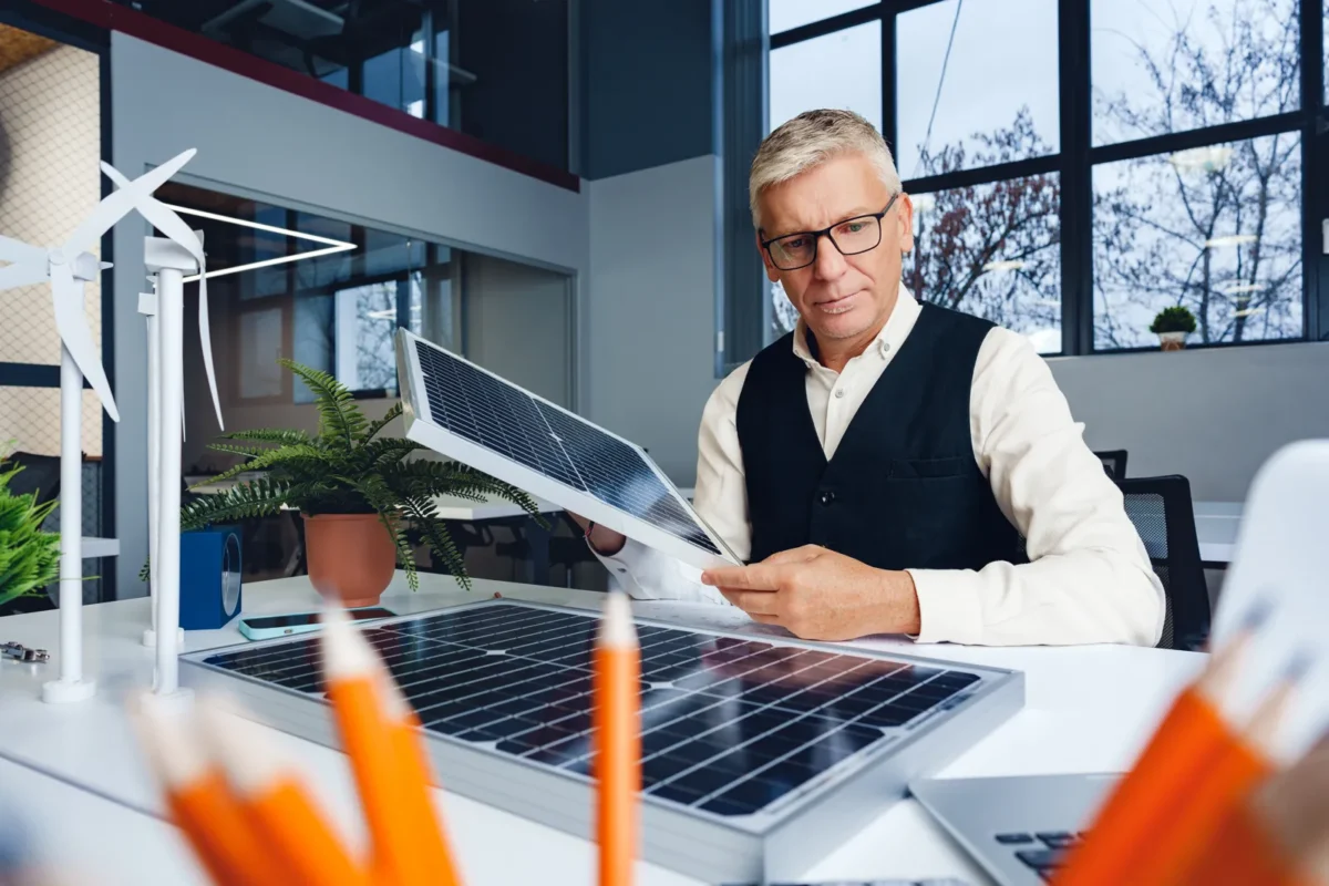 Engineer examining solar panels in an office, evaluating specifications for tier 1 solar inverter comparison.
