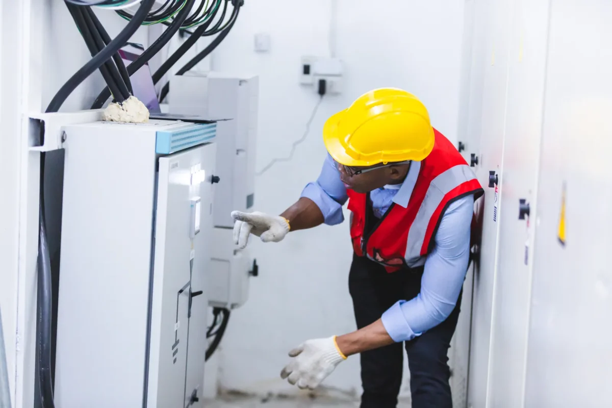 Electrical worker wearing safety gloves checks the operating status of 48V split phase inverter power cabinets in confined electrical equipment corridor.