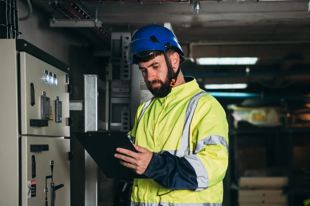 A technician inspecting and verifying the electrical system of a commercial solar installation.