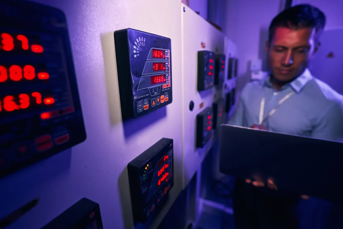 Close-up of digital monitoring meters on power control panels; a technical staff operates a laptop to record real-time data from industrial battery inverters.