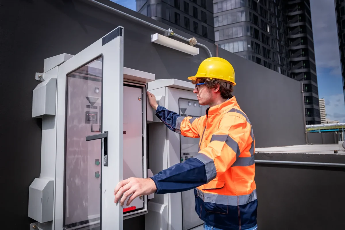 A worker inspects grid-forming inverter equipment on a rooftop installation.