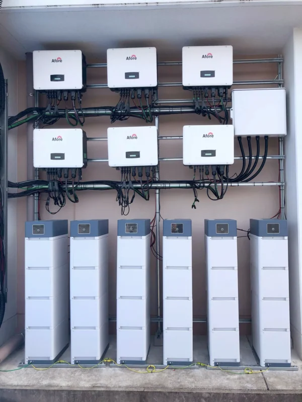 Wall-mounted Afore hybrid inverters paired with battery storage, showcasing hybrid inverter setups for B2B.