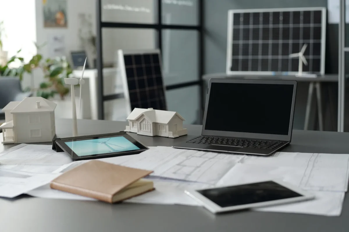 Solar project planning workspace with blueprints and models, comparing hybrid and microinverter B2B options.