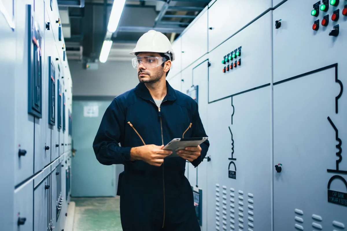Electrical engineer wearing safety helmet and goggles holds a tablet to inspect industrial power cabinets that integrate inverter and hybrid inverter control modules.