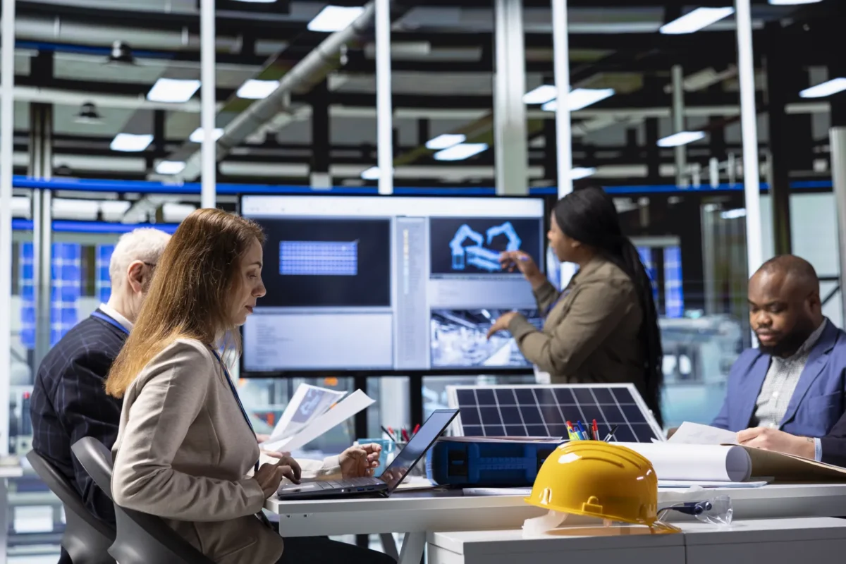 Multi-disciplinary solar energy team discusses project drawings and compares specs of inverter chargers and hybrid inverters in an industrial design office.