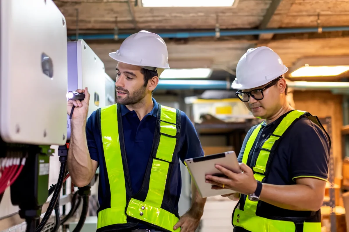 Two industrial technicians with safety helmets and high-visibility vinspect off-grid inverter equipment, one uses a flashlight while the other reviews data on a tablet.