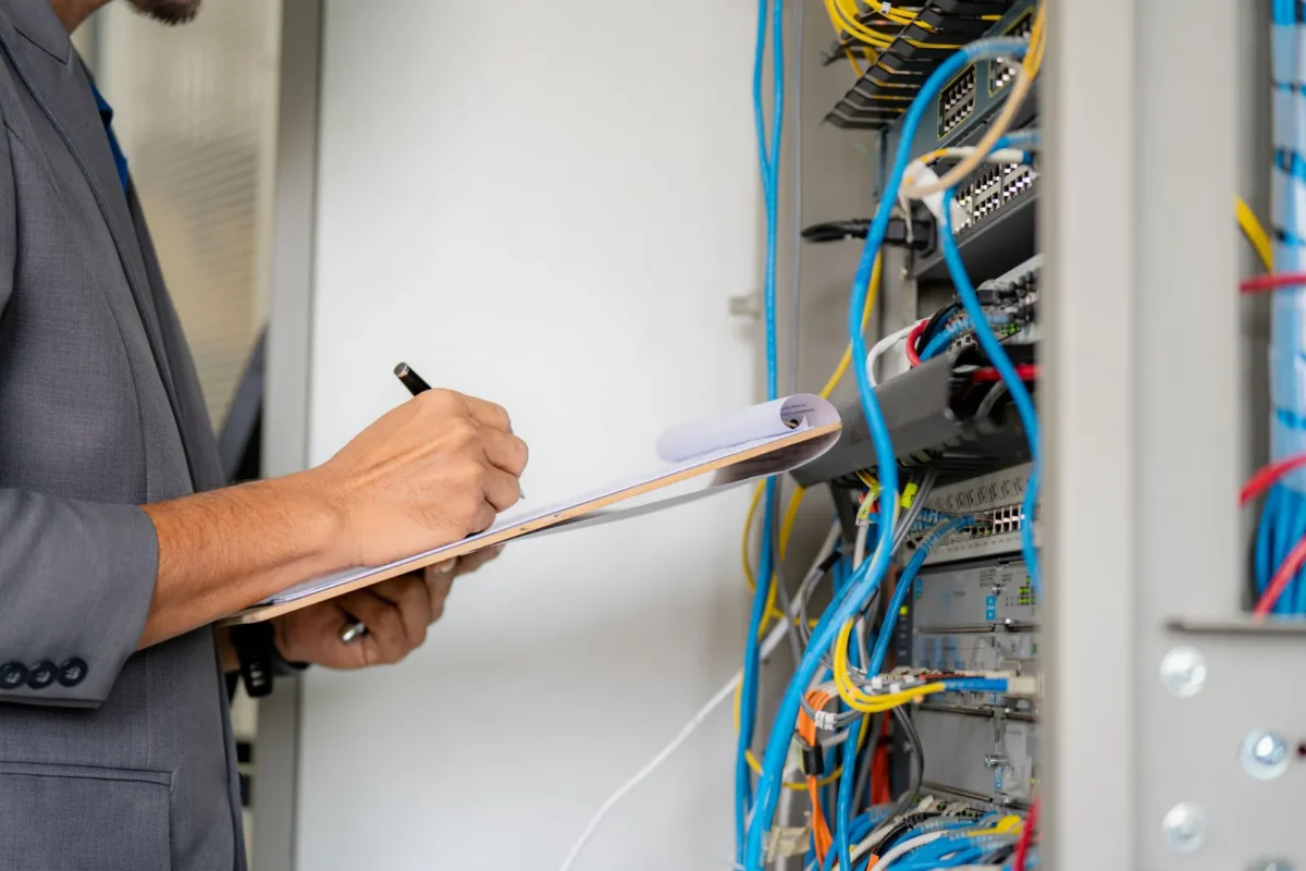 Engineer holding clipboard records inspection data for wired electrical cabinets that integrate solar charge controller and inverter modules.