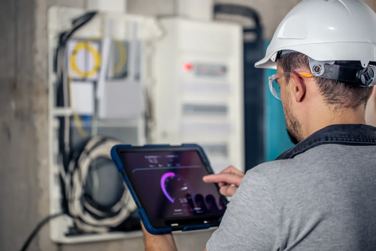 Technician wearing safety helmet and safety goggles operates a touchscreen tablet to monitor real-time data of solar charge controller inverter equipment.