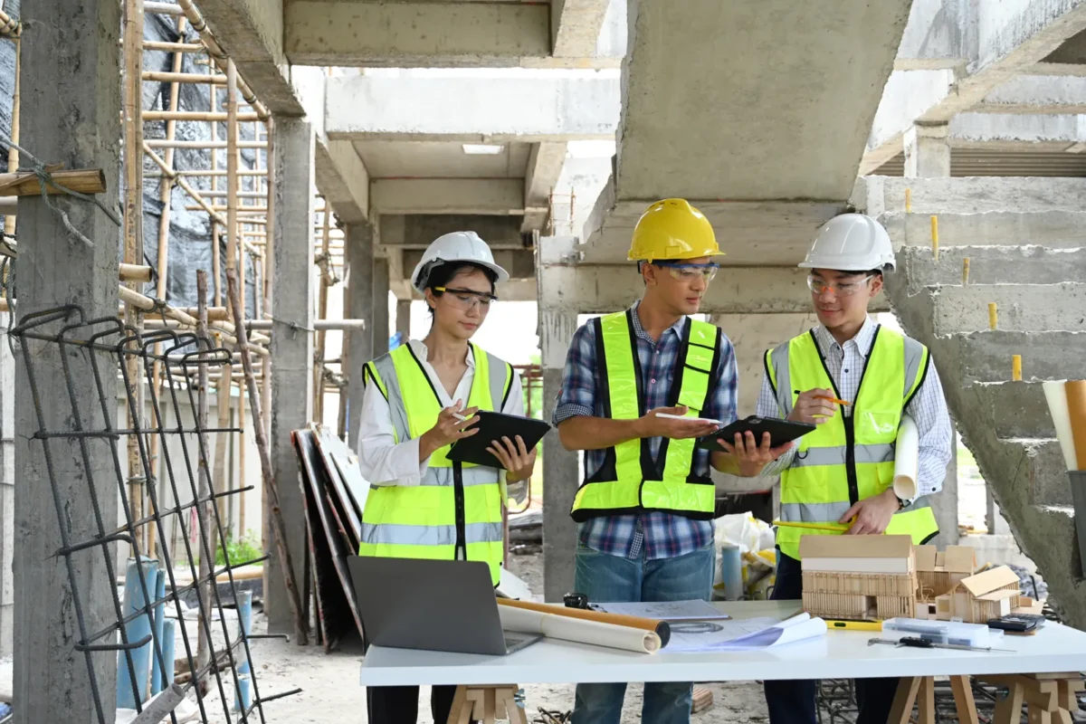 Construction teams review solar plans for new home builder B2B partnerships.