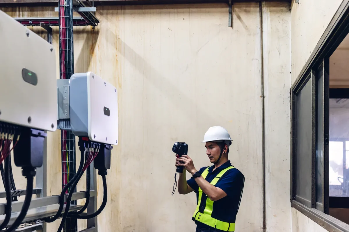 A technician inspects solar equipment for new home builder B2B installations.