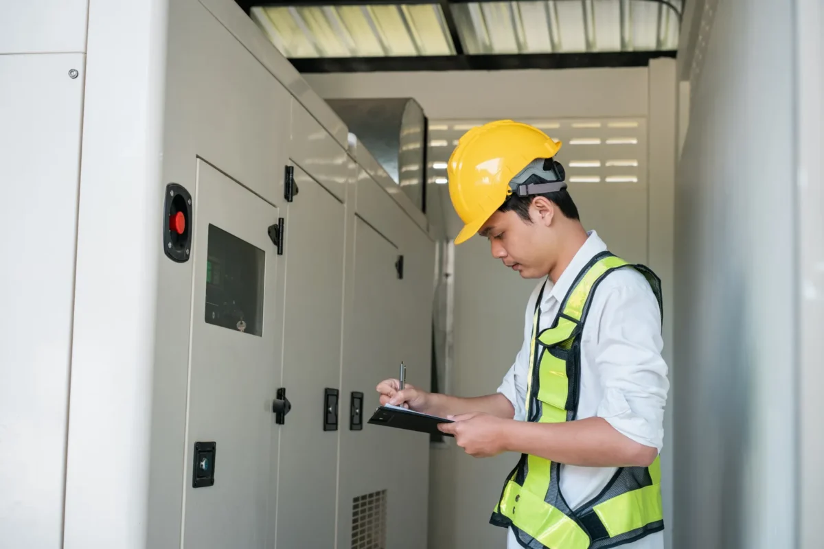 Electrical inspector wearing yellow safety helmet and reflective vest records operational data of 48V 200Ah LiFePO4 battery energy storage power cabinets on clipboard.