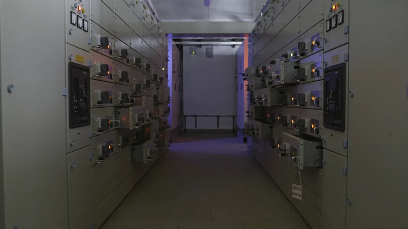 Long indoor electrical switchgear room lined with power distribution cabinets that regulate energy flow for commercial building battery storage systems.