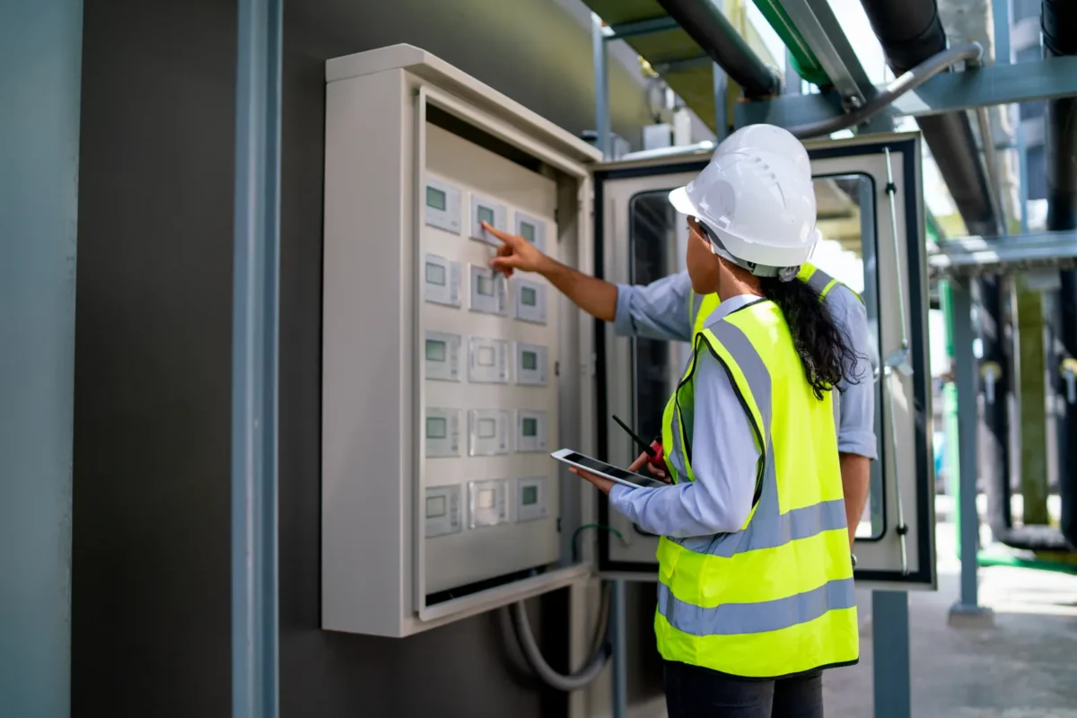 Two solar specialists inspect electrical control panels with a tablet to analyze operational data affecting battery storage payback period.
