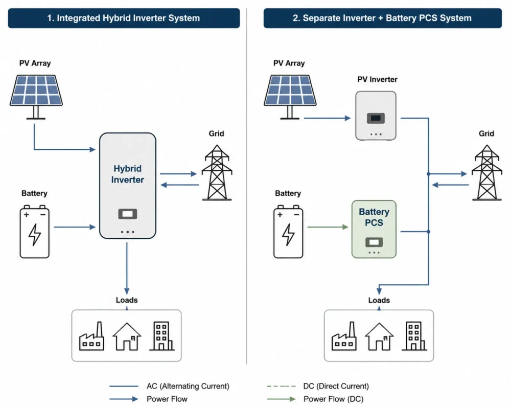Side-by-side schematic diagram comparing integrated hybrid inverter system and separate PV inverter + battery PCS system for commercial solar battery storage projects.