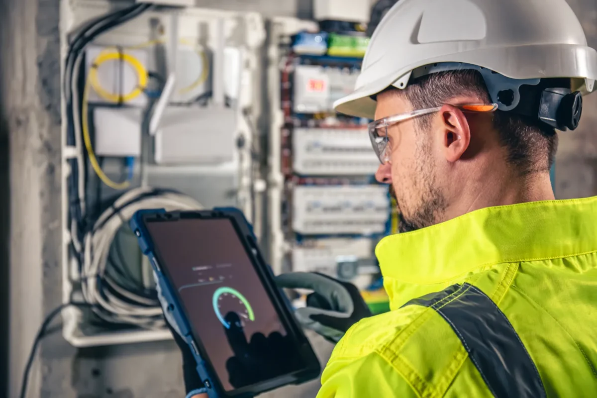 Technician using a rugged tablet to monitor electrical panel and battery performance data.