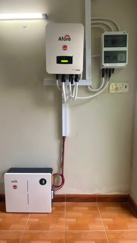 Wall-mounted Afore inverter and battery unit with wiring connections inside a utility room.