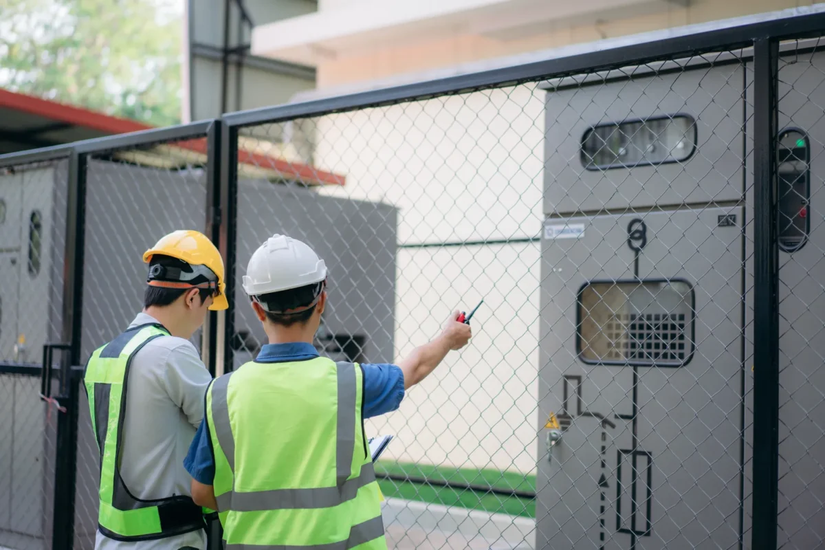 Two certified field engineers inspect large energy storage switchgear enclosures that regulate power flow for commercial industrial microgrids.