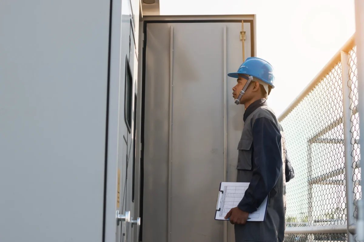 Solar maintenance technician with blue safety helmet holds inspection checklist to examine outdoor energy storage cabinet equipped with deep cycle solar batteries.