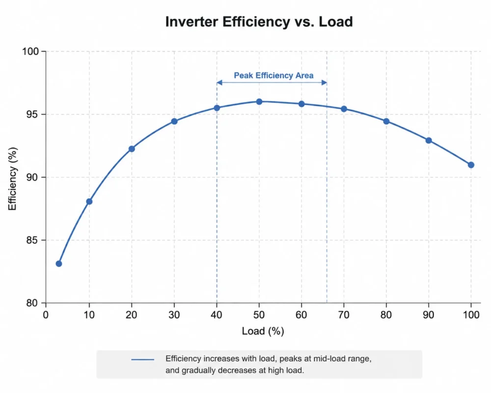 Line chart plotting solar inverter efficiency against varying load percentage, marking peak efficiency zone to illustrate part-load performance for solar inverter efficiency comparison analysis.