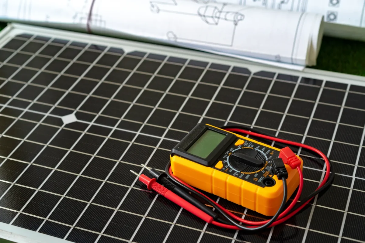 Yellow digital multimeter laid on solar panel for performance testing, essential testing tool referenced in solar inverter procurement guide inspections.