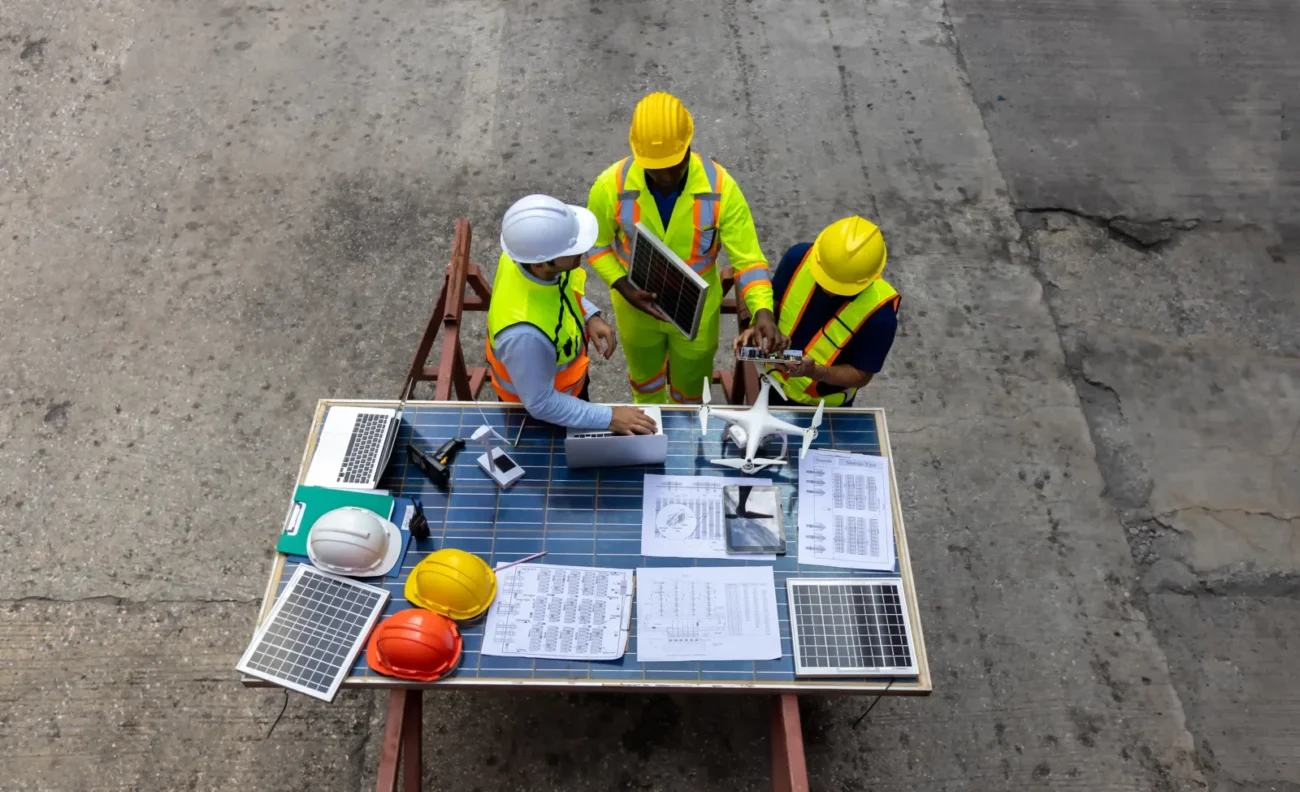 Top-down shot of solar engineering team reviewing blueprints and sample panels to compare models in solar inverter procurement planning meeting.