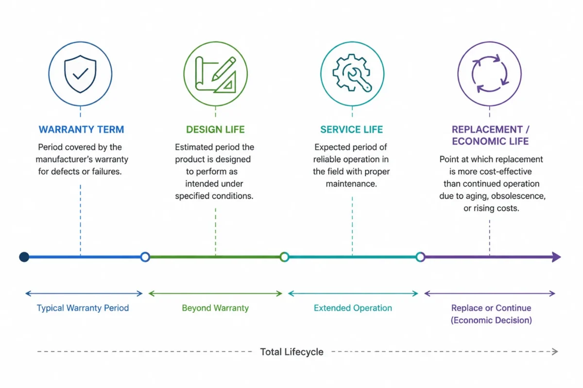 Horizontal timeline infographic illustrating four distinct solar asset lifecycle phases: warranty term, design life, service life and economic replacement life for commercial solar inverters.