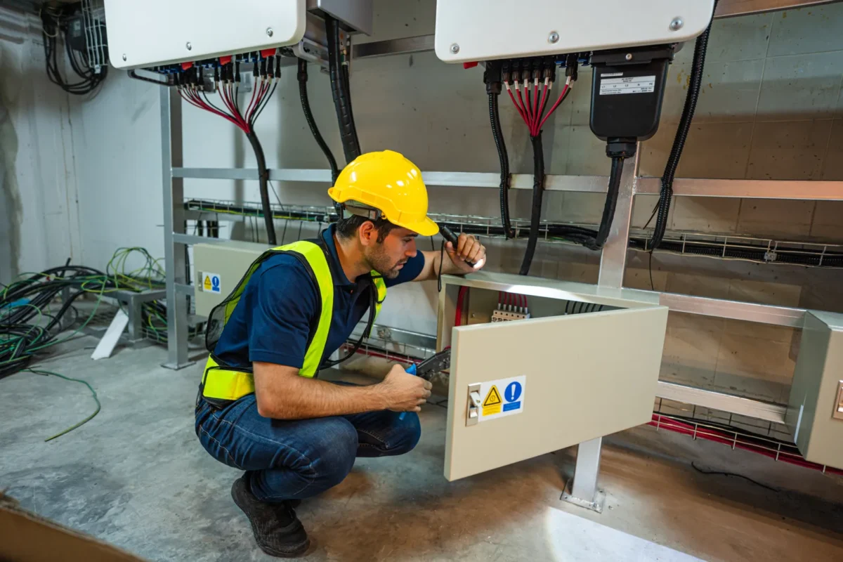 Professional PV maintenance technician inspecting solar inverter electrical cabinet, checking component condition to extend equipment service life and validate warranty claims.