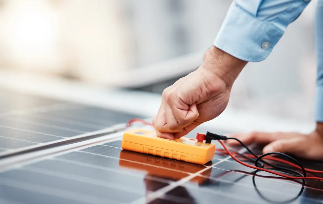 Technician adjusts a yellow digital multimeter laid on solar panels to test output data for the solar power charge controller storage system.